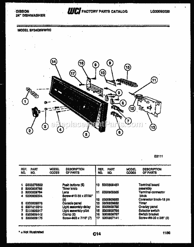 Gibson SP24C6WWGC Dishwasher Console and Control Parts Diagram