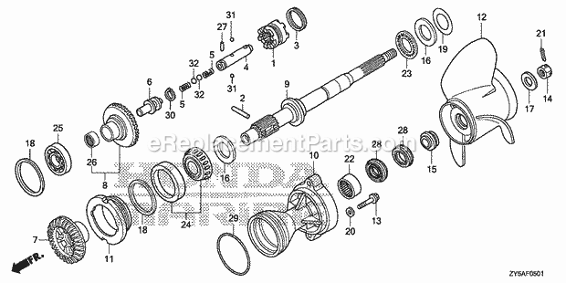 Honda Marine BF135AK2 (Type XCA)(1400001-9999999) Propeller Shaft Propeller (Counter Rotation) Diagram