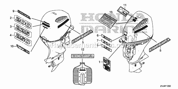 Honda Marine BF250D (Type XCDA)(8000001-9999999) Label Diagram