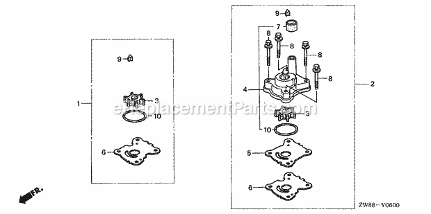 Honda Marine BF9.9D3 (Type LRA)(1200001-1299999)(1000001-1999999) Pump Impeller Kit Diagram