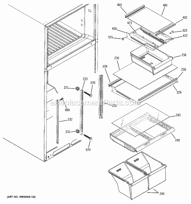 Hotpoint HTS18ICSURCC Top Freezer Refrigerator S Series Fresh Food Shelves Diagram