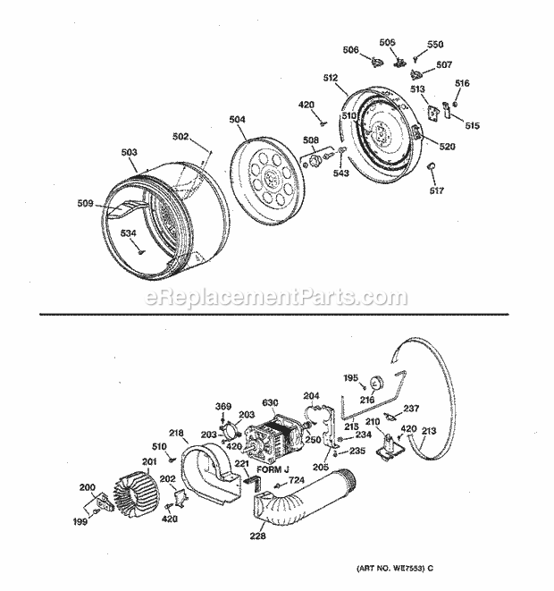 Hotpoint NJLR473EV0WW Residential Electric Dryer Drum, Heater Asm., Blower & Drive Assembly Diagram