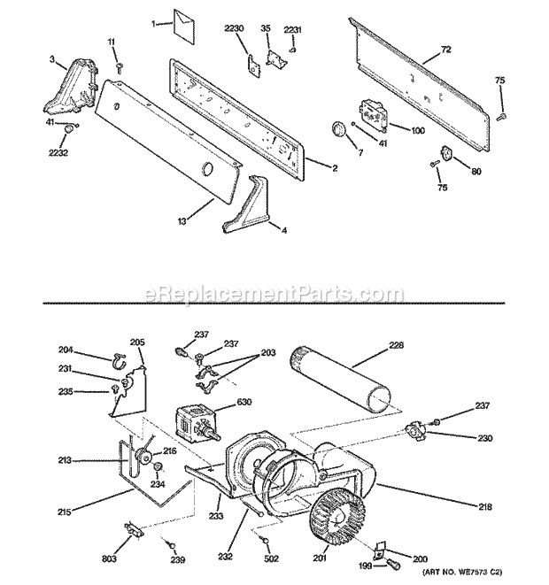 Hotpoint NVLR333EE1CC Residential Electric Dryer Controls, Backsplash, Blower & Motor Diagram