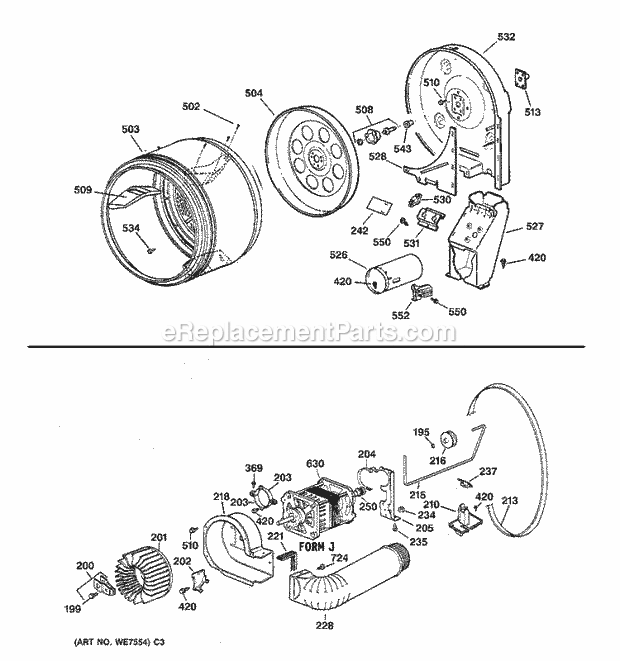 Hotpoint NVLR333GV0AA Residential Gas Dryer Drum, Duct, Blower & Drive Asm. Diagram