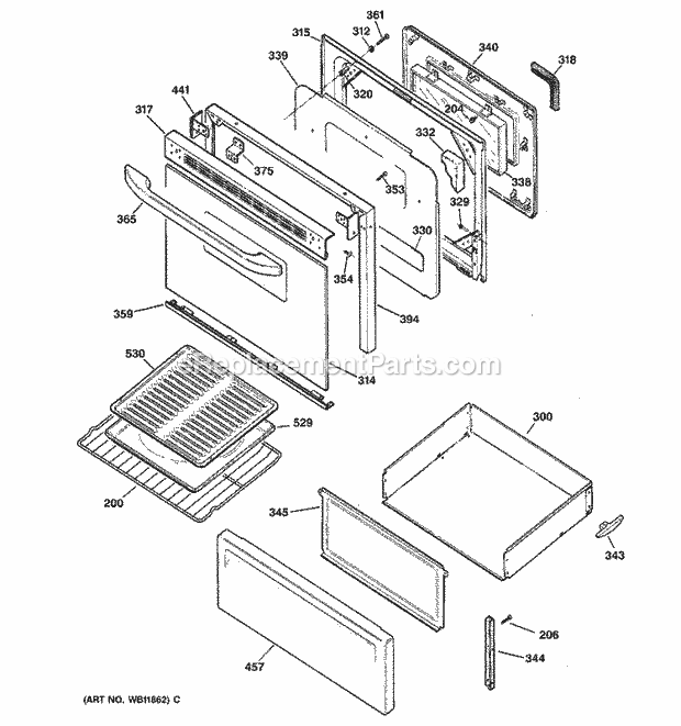 Hotpoint RB787BC2BB Freestanding, Electric Range Door & Drawer Parts Diagram