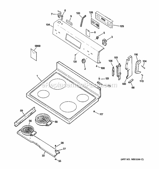 Hotpoint RCBS787WJ3WW Freestanding, Electric Electric Range Control Panel & Cooktop Diagram