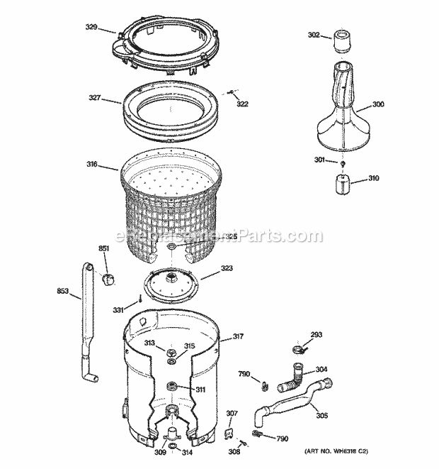 Hotpoint VBXR1090D8WW Residential Washer Tub, Basket & Agitator Diagram