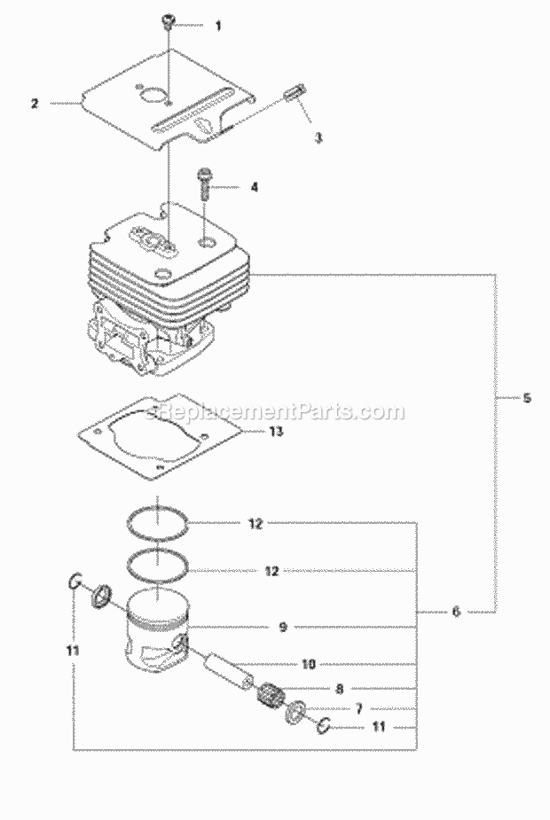 Husqvarna 570BTS (2011-05) 65.6cc 2-Cycle Backpack Leaf Blower Cylinder Piston Diagram