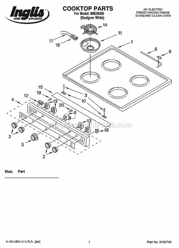 Inglis IME28300 Freestanding, Electric Free Standing - Electric Cooktop Parts Diagram
