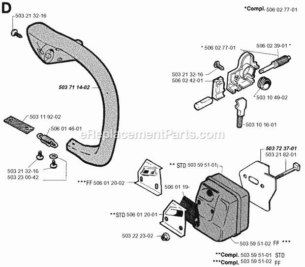 Jonsered 2050 (1994-12) Chain Saw Front Handle Muffler Oil Pump Diagram