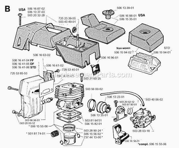 Jonsered 2095 (1996-10) Chain Saw Cylinder Piston Muffler Diagram