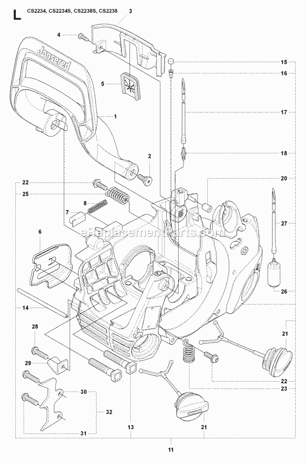 Jonsered CS2238 (2009-04) Chain Saw Fuel Tank Handle Diagram