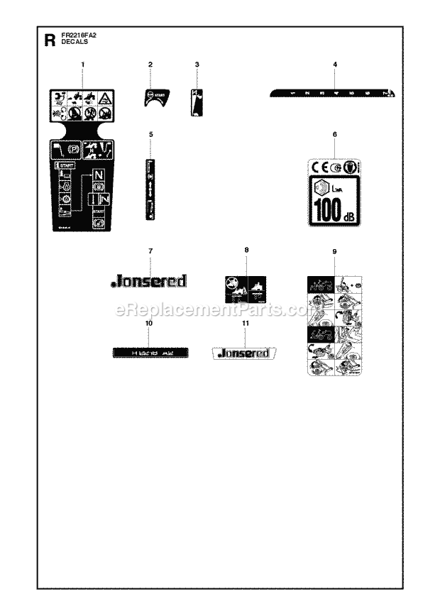 Jonsered FR2216 FA2 - 966773801 (2012) Frontrider Decals Diagram