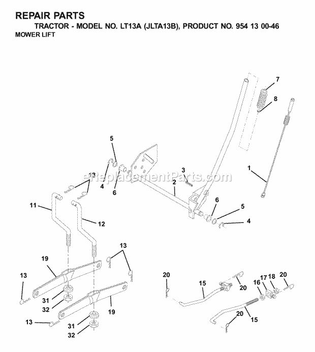 Jonsered LT13A JLTA13B - 954130046 (2001-02) Tractor Mower Lift / Deck Lift Diagram