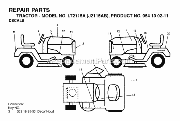 Jonsered LT2115A J2115AB - 954130211 (2004-06) Tractor Decals Diagram