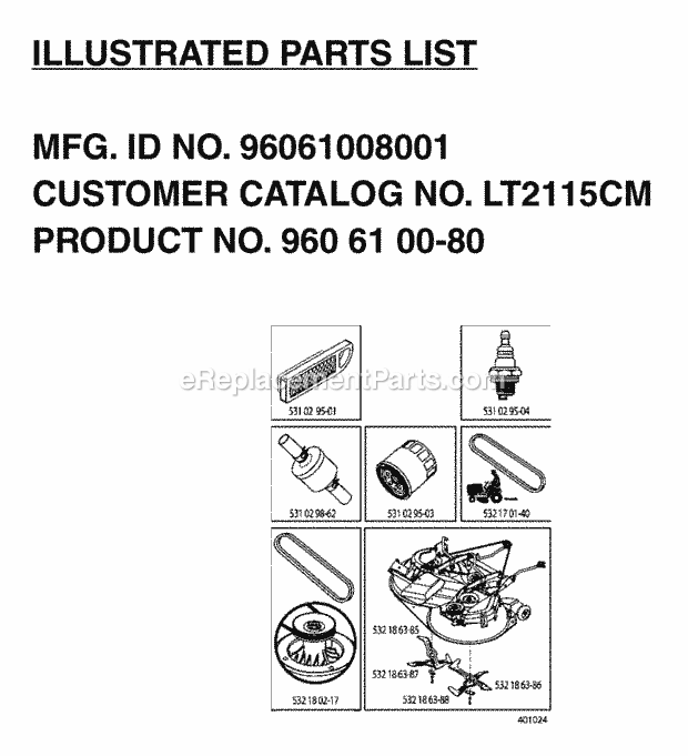 Jonsered LT 2115 CM - 96061008001 (2006-04) Tractor Frequently Used Parts Diagram