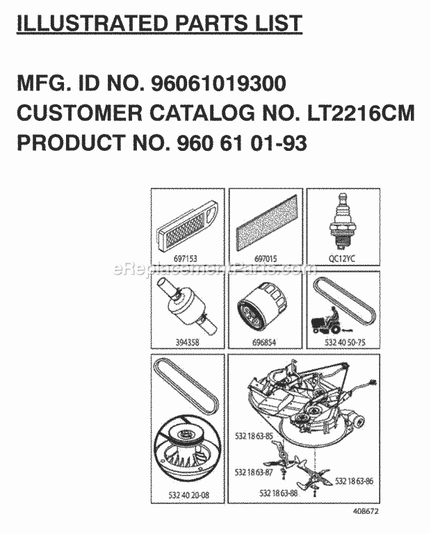 Jonsered LT 2216 CM - 96061019300 (2008-07) Tractor Frequently Used Parts Diagram