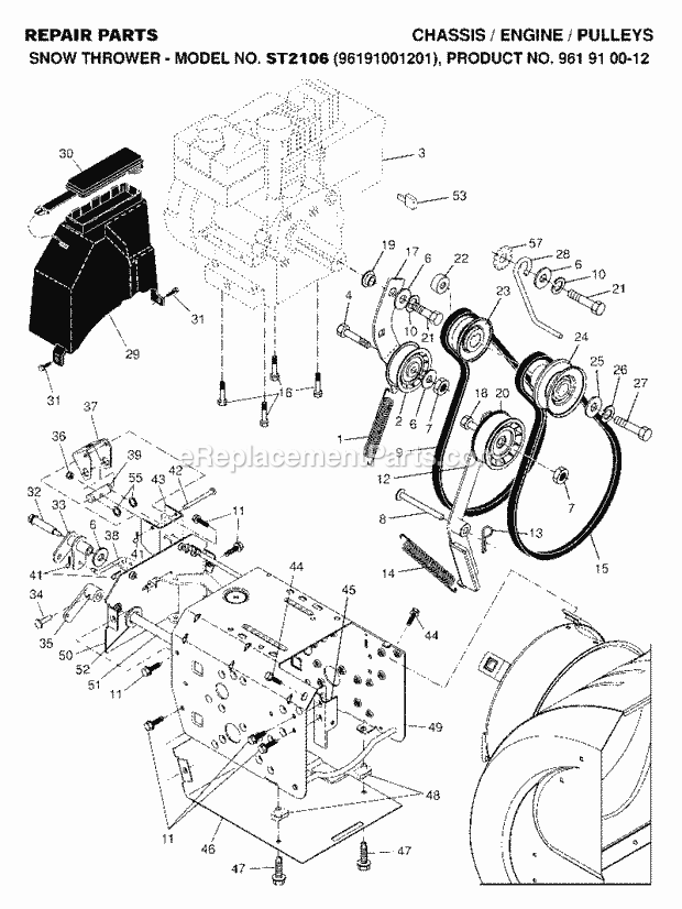 Jonsered ST 2106 961910012 - 96191001201 (2007-01) Snow Blower Chassis Engine Pulleys Diagram