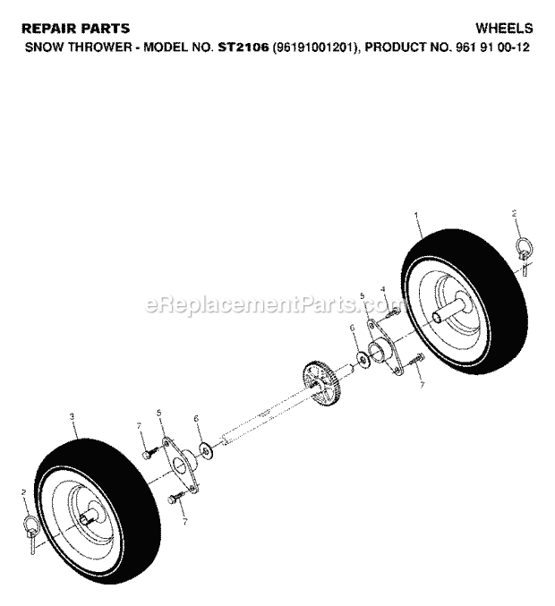 Jonsered ST 2106 961910012 - 96191001201 (2007-01) Snow Blower Wheels Tires Diagram