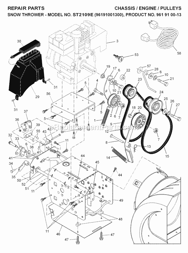 Jonsered ST 2109 E - 96191001300 (2007-01) Snow Blower Chassis Engine Pulleys Diagram