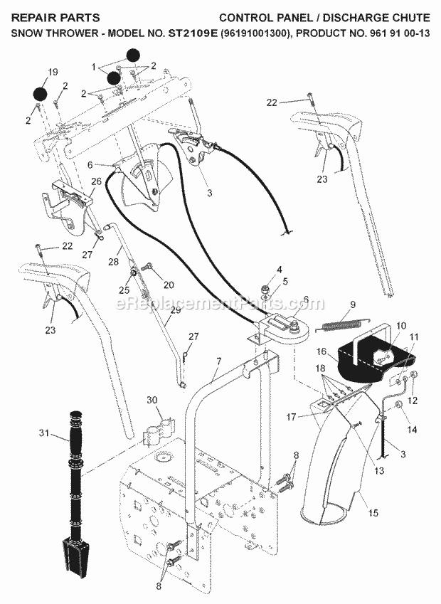 Jonsered ST 2109 E - 96191001300 (2007-01) Snow Blower Control Panel Discharge Chute Diagram