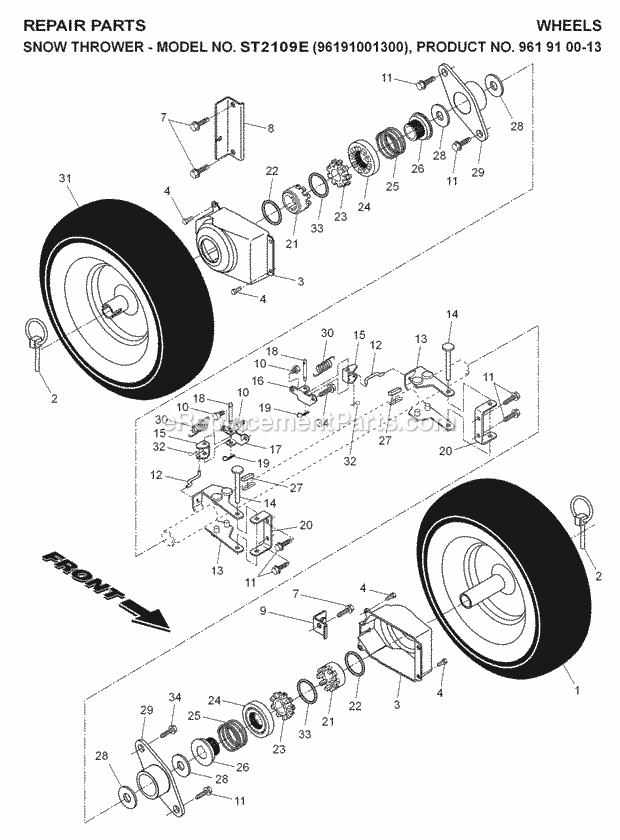 Jonsered ST 2109 E - 96191001300 (2007-01) Snow Blower Wheels Tires Diagram