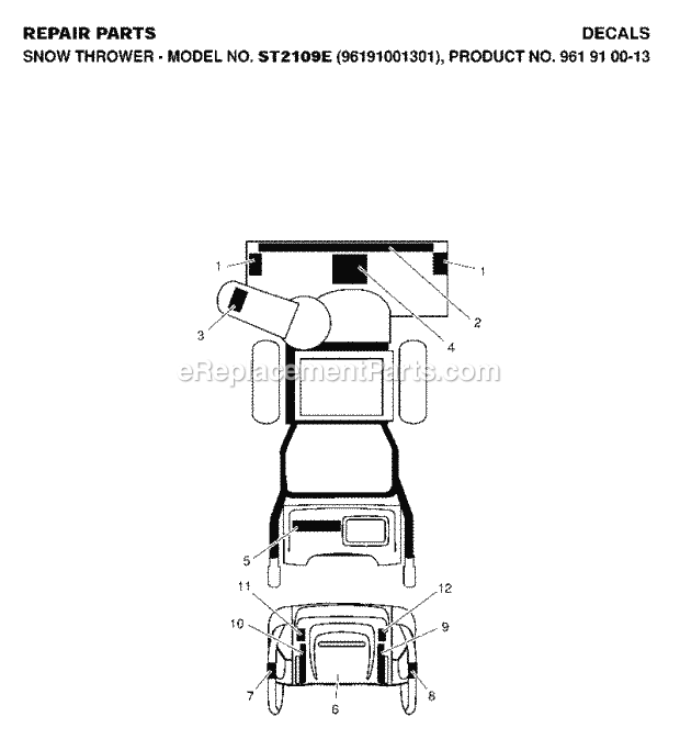 Jonsered ST 2109 E - 96191001301 (2007-01) Snow Blower Decals Diagram