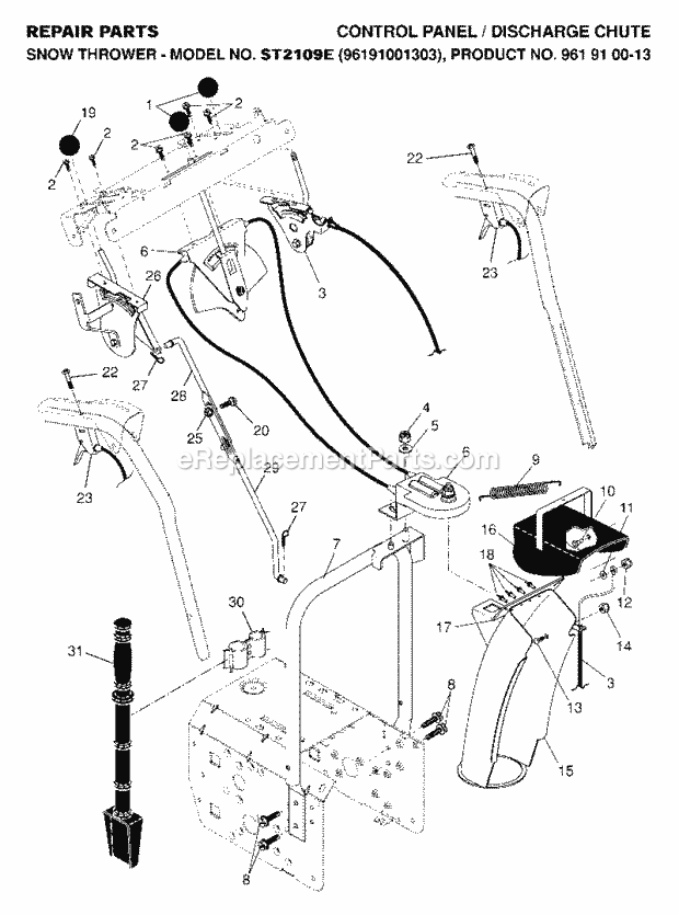 Jonsered ST 2109 E - 96191001303 (2007-01) Snow Blower Control Panel Discharge Chute Diagram