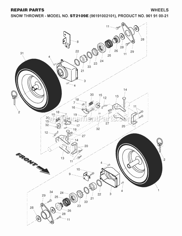 Jonsered ST 2109 E - 96191002101 (2007-10) Snow Blower Wheels Tires Diagram