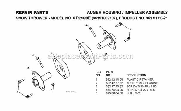 Jonsered ST 2109 E - 96191002107 (2009-08) Snow Blower Auger Housing Impeller Diagram
