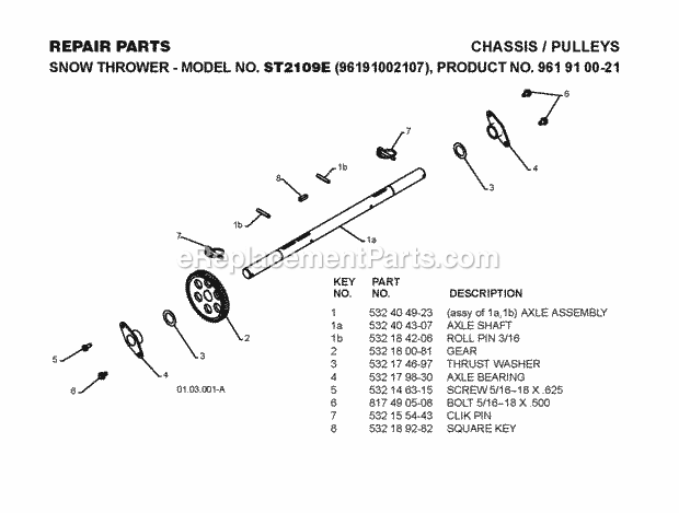 Jonsered ST 2109 E - 96191002107 (2009-08) Snow Blower Chassis Engine Pulleys Diagram