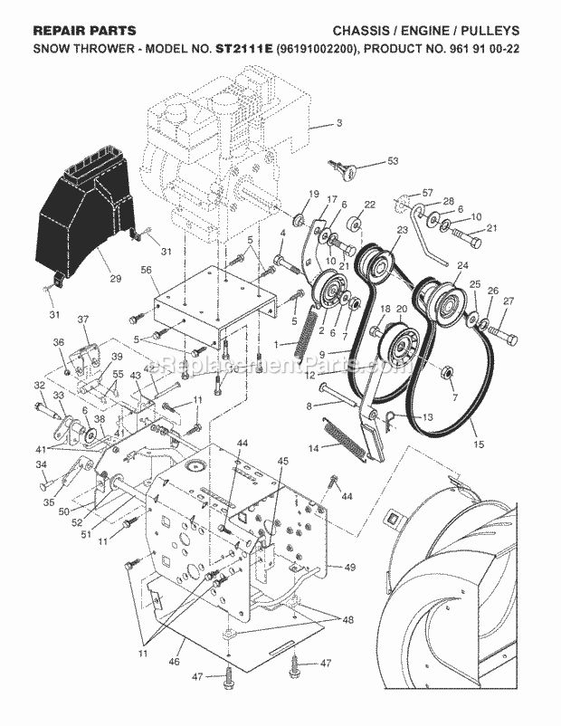 Jonsered ST 2111 E - 96191002200 (2007-07) Snow Blower Chassis Engine Pulleys Diagram