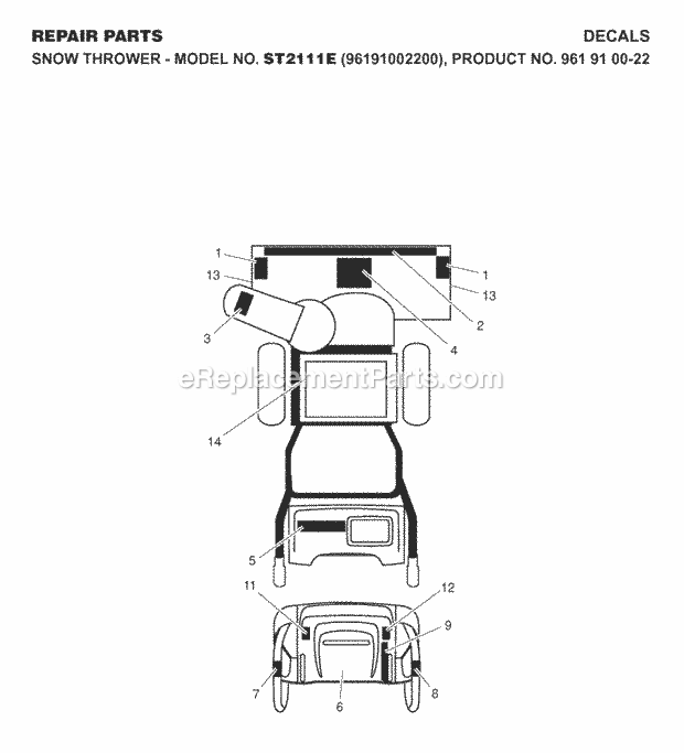 Jonsered ST 2111 E - 96191002200 (2007-07) Snow Blower Decals Diagram