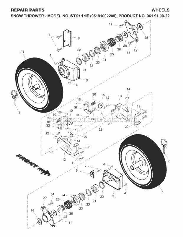 Jonsered ST 2111 E - 96191002200 (2007-07) Snow Blower Wheels Tires Diagram