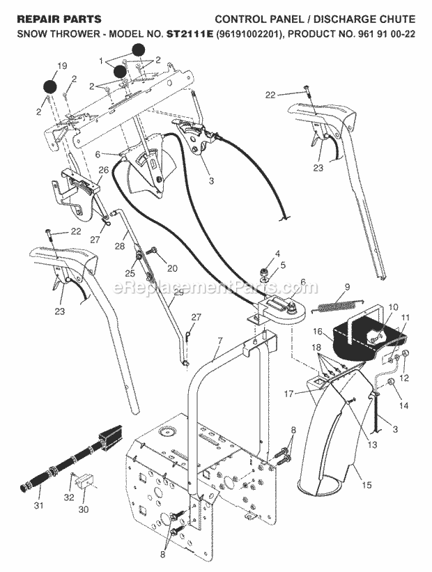 Jonsered ST 2111 E - 96191002201 (2007-10) Snow Blower Control Panel Discharge Chute Diagram