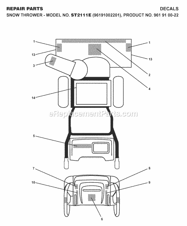 Jonsered ST 2111 E - 96191002201 (2007-10) Snow Blower Decals Diagram