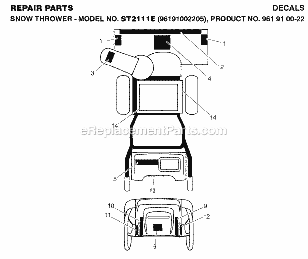 Jonsered ST 2111 E - 96191002205 (2008-08) Snow Blower Decals Diagram