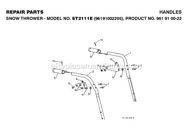 Jonsered ST 2111 E - 96191002205 (2008-08) Snow Blower Handle Diagram