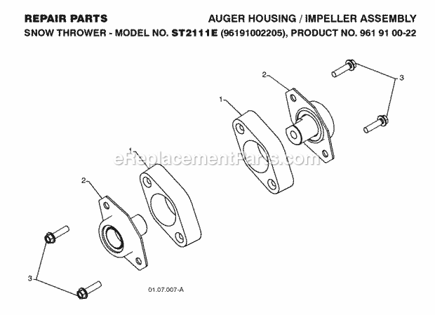 Jonsered ST 2111 E - 96191002205 (2008-08) Snow Blower Auger Housing Impeller Diagram