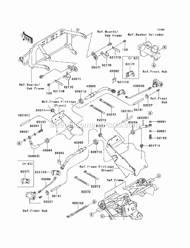 Kawasaki KAF400-A9F (2009) Mule Front Brake Piping Diagram