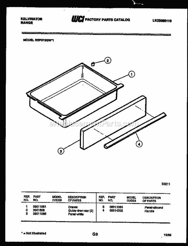 Kelvinator REP375GW1 Slide-In, Electric Range - Electric - Lk32089110 Drawer Parts Diagram