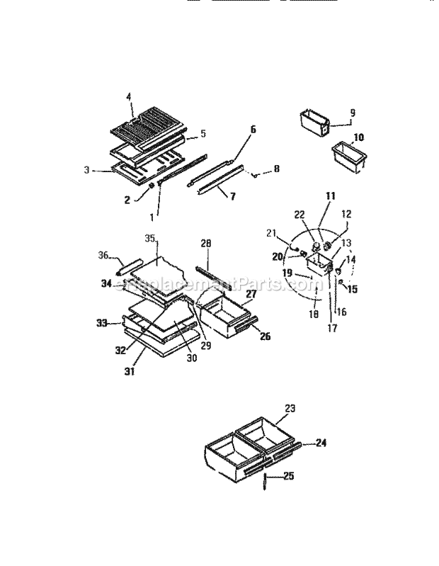 Kelvinator TMK210AN5V Top Freezer Top Mount Refrigerator - K1661-241 Shelves, Controls, Divider, Mullion Diagram