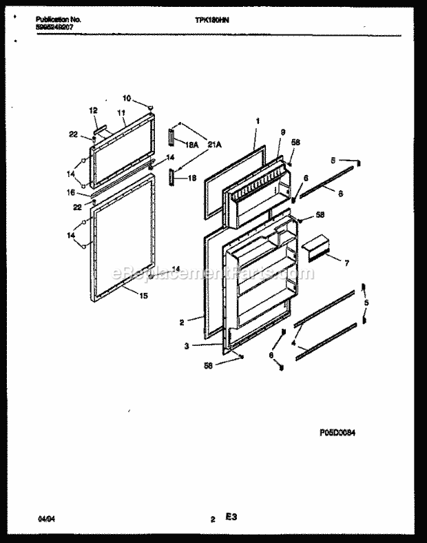 Kelvinator TPK180HN3W Top Freezer Top Mount Refrigerator - 5995249207 Door Parts Diagram