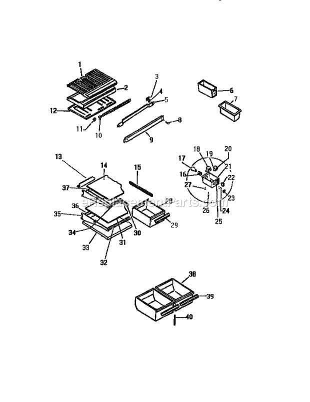 Kelvinator TUK210AN5F Top Freezer Top Mount Refrigerator - K1661-251 Shelves, Controls, Divider, Mullion Diagram