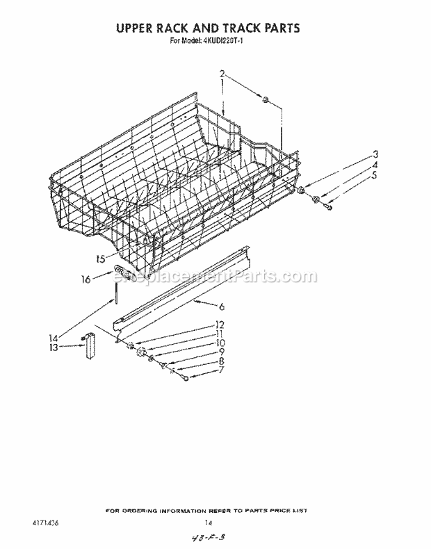 KitchenAid 4KUDI220T1 Dishwasher Upper Rack and Track Diagram