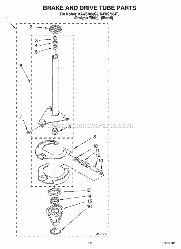 KitchenAid KAWS700JT3 Washer Brake and Drive Tube Diagram