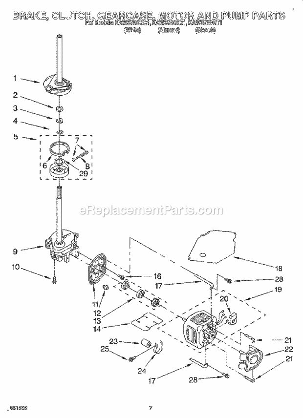KitchenAid KAWS750GT1 Washer Brake, Clutch, Gearcase, Motor and Pump Diagram