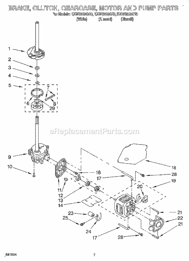 KitchenAid KAWS850GZ0 Washer Brake, Clutch, Gearcase, Motor and Pump Diagram