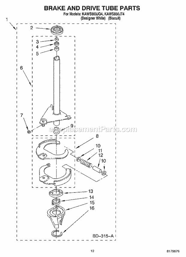 KitchenAid KAWS850JQ4 Washer Brake and Drive Tube Diagram