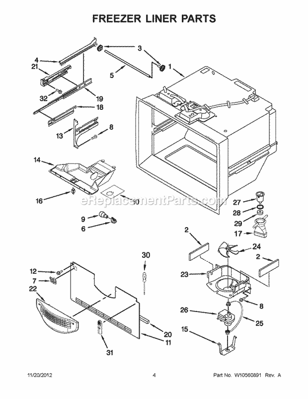 KitchenAid KBRS19KTBL7 Refrigerator Freezer Liner Parts Diagram